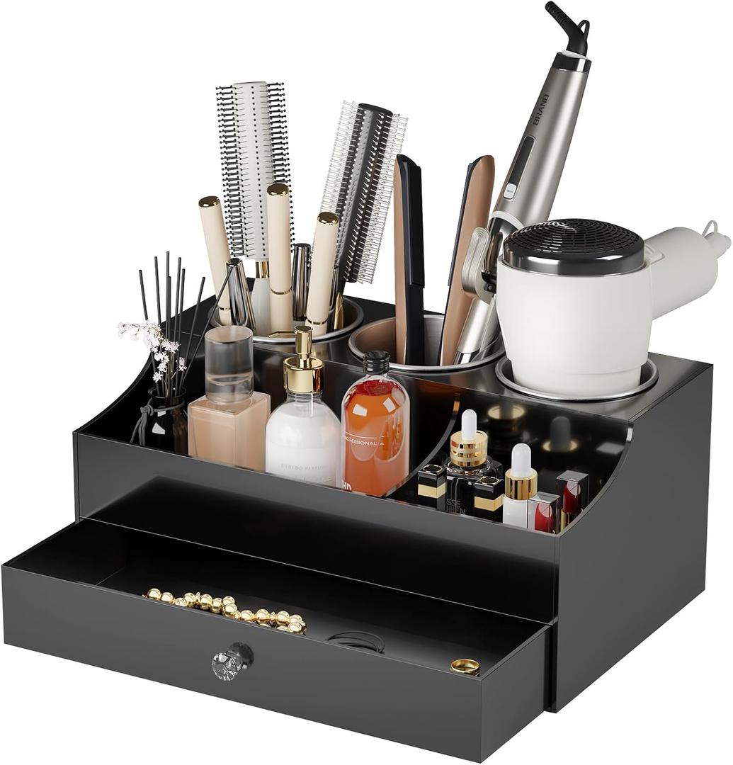 Hair Tool Organizer, Acrylic Hair Blow Dryer Holder Stand for Straightener and Curling Storage, Bathroom Vanity Countertop Organization for Makeup Accessories (Black) (11.8" x 7.3" x 5.3")