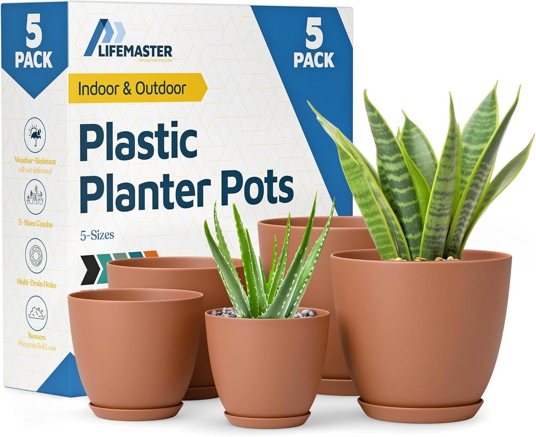 Terracotta Plant Pots with Drainage Holes & Saucers 5 Pack, Indoor & Outdoor Stackable Space-Saving Planters for Houseplants & Flowers, (7", 6.7", 6", 5.3", and 4.8" Inches), Durable & Weatherproof
