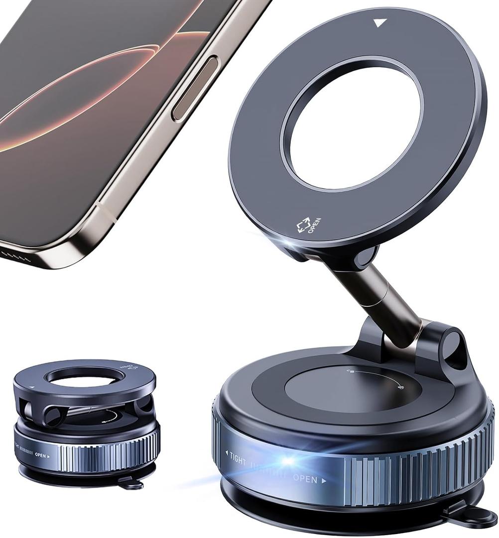 Upgraded Vacuum Magnetic Phone Holder Stand for Car, Reinforced 98LBS Ultra Suction Cup Phone Mount, 360 Adjustable Car Phone Holder for Gym/Mirror, for iPhone 16 Pro Max 15 14 13 12 Plus (Black)