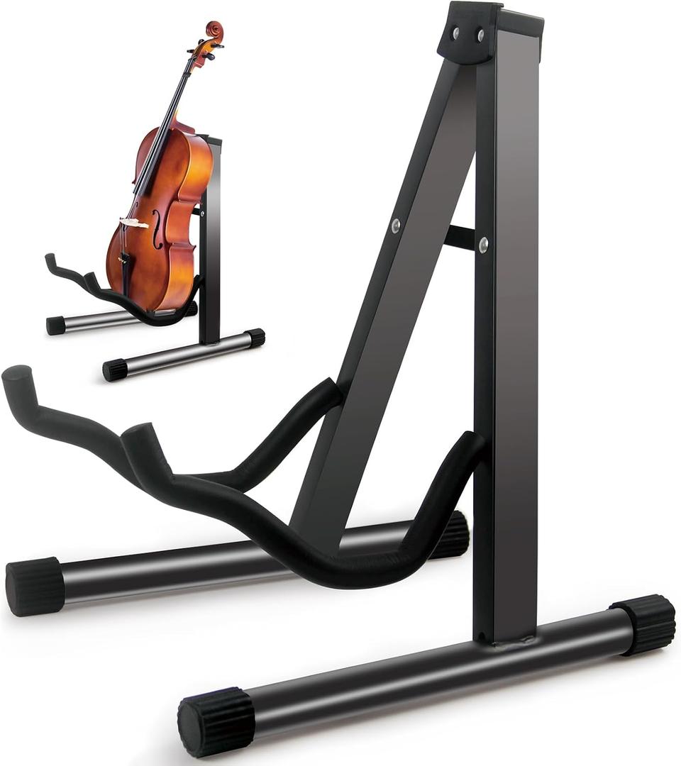GeeWin Cello Stand,A-Frame Folding Violin Support Stand,Cello Holder for 1/8-4/4 Cellos, Guitar Stand,Guitars for Acoustic, Electric Guitar,Bass,Guitar Holder Stand,Black