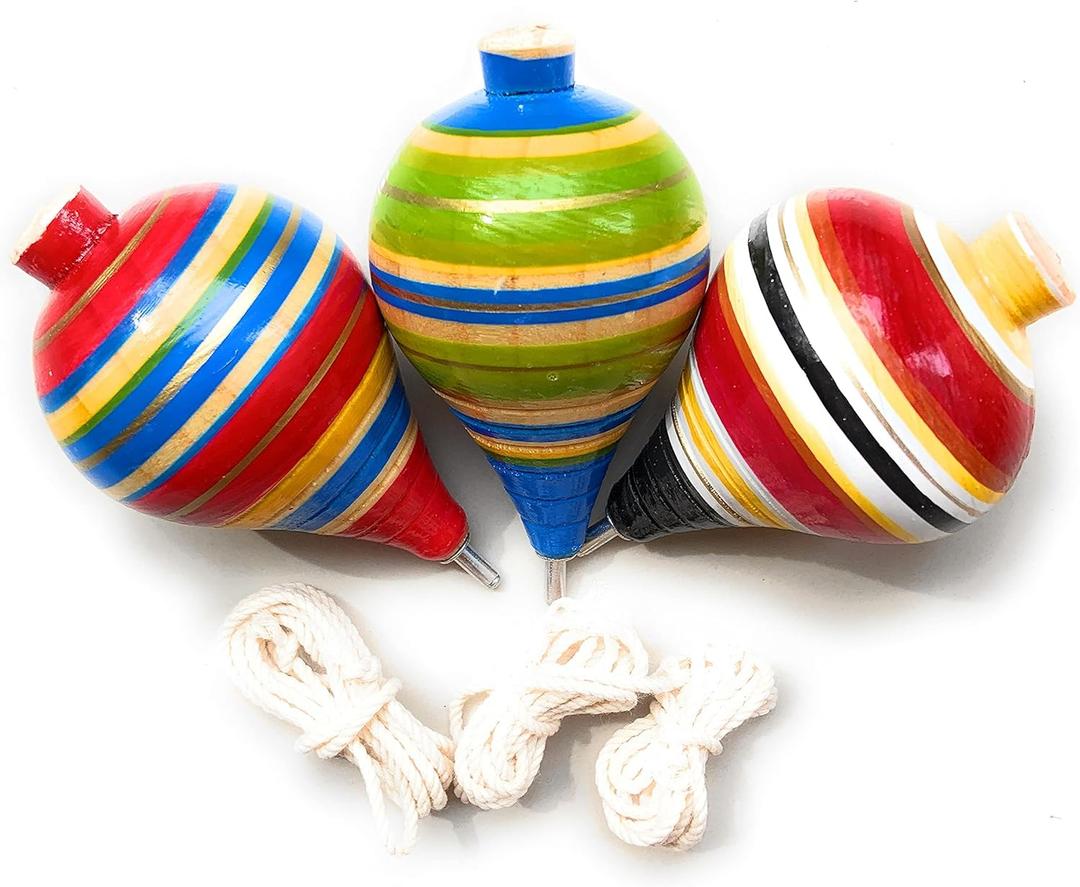GrahMart 3 Pack Durable Wooden Mexican Spin Top Toys & Metal Tip Made in Mexico (Assorted Colors) - Trompo Mexicano de Madera Paquete de 3 (Colores aleatorios) (Medium)