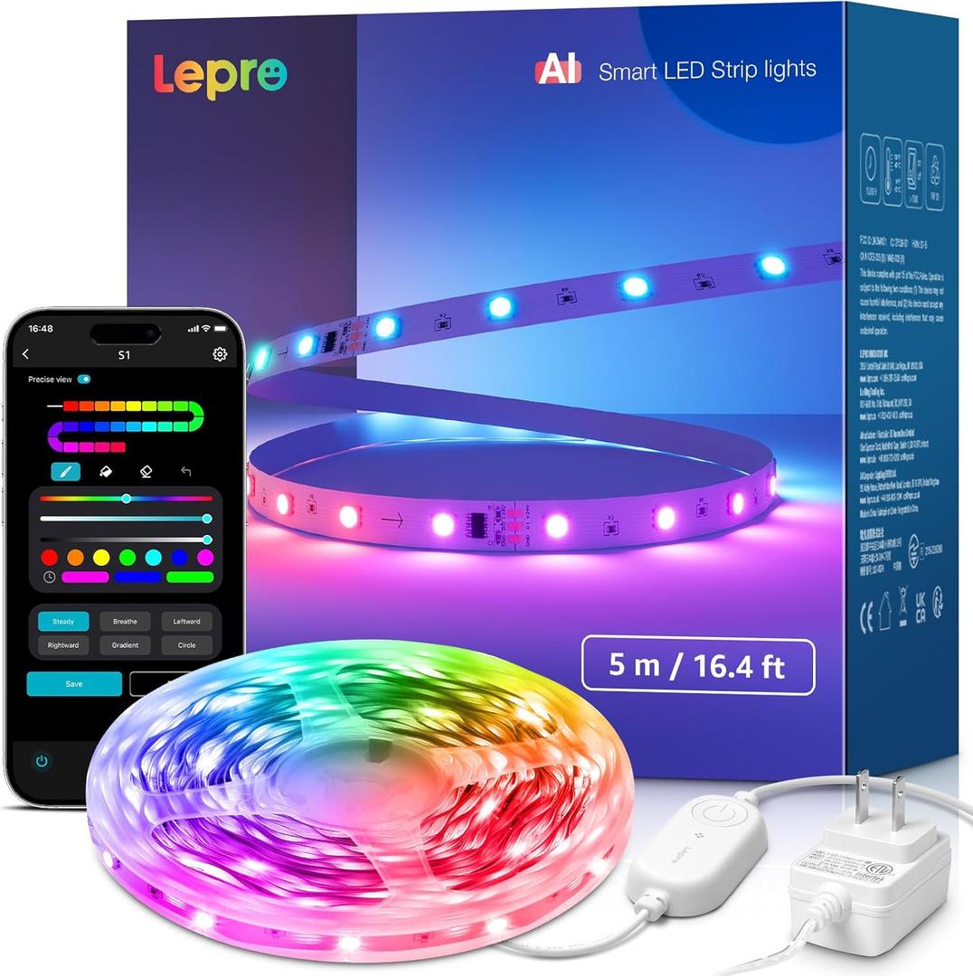 Lepro S1 AI LED Strip Lights for Bedroom - 16.4ft Smart RGB Light Strips with IC and Rainbow Chasing Effects, Color Segment DIY, AI Generated Lighting for Easter, No Remote, 2.4G Wi-Fi & Bluetooth