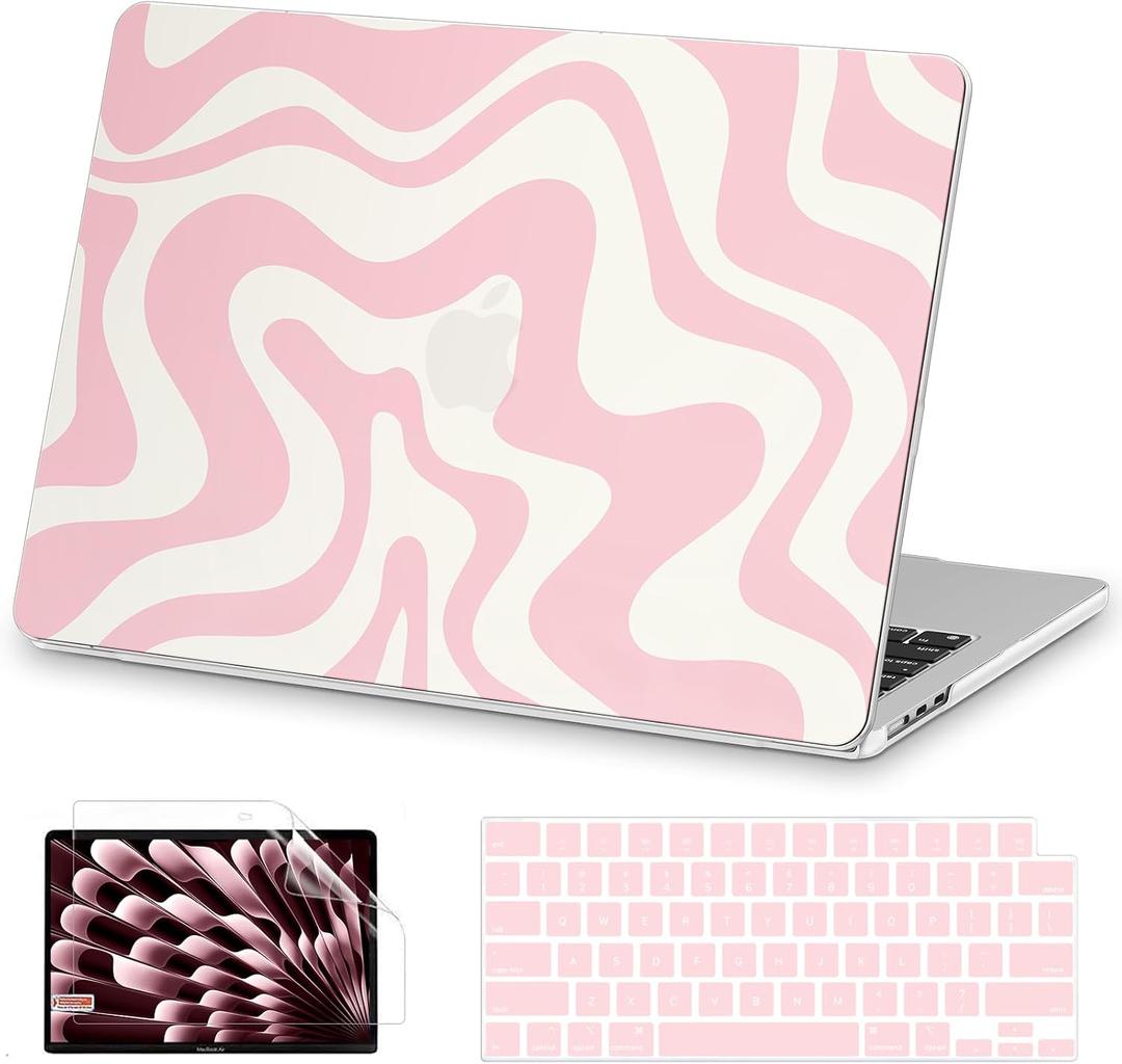 AKIT Compatible with MacBook Air 13 inch Case M5 2026 2025-2022 M4 M3 M2 A3449 A3449 A3240 A3113 A2681, Pattern Hard Shell Laptop Case+Screen Protector+Keyboard Cover for Mac Air 13.6 inch, Pink Wave