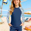 CrabQueen Girls Rash Guard Swimsuit 2 Piece Long Sleeve Bathing Suit Printed Swim Suits UPF 50+ Sun Protection Swimwear 11-12Y (Blue)