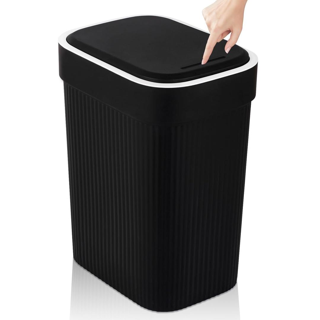 UUJOLY Small Bathroom Trash Can with Lid Slim Wastebasket Garbage Can Plastic Container Basket for Kitchen, Laundry Room, Office, Kids Room, Dorm, Black, 2.6 Gallon