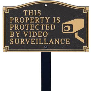 SmartSign 5.75 x 9.5 inch This Property Is Protected By Video Surveillance GardenBoss Statement Plaque with 18 inch Lawn Stake, 375 mil Rustproof Aluminum, Black and Gold, Set of 1, Made in USA