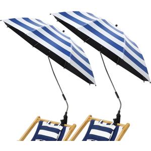 2 Pcs Beach Umbrella with Clamp UV Protection 48 Inch Adjustable Umbrellas for Chair with 360 Universal Clamps for Beach Camping Stroller Wheelchair, Chair Not Included(Blue Stripes)