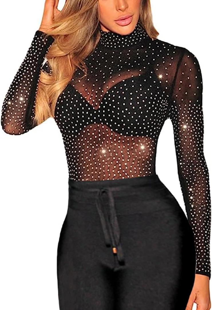 SEBOWEL Women Mesh Rhinestone Tops Sexy Sheer See Through Long Sleeve Shirt Glitter Sparkly Mesh Top Tee Blouse (Medium, 29# Black)