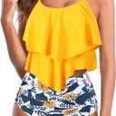 Womens Tankini Swimsuits Ruffled Tank Top Tummy Control Floral Modest Swimwear High Waisted Bikini (Yellow, XXL)