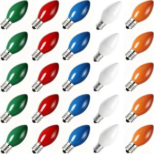 Abeja 25 Pack C7 Multicolor Christmas Replacement Bulbs 5w Vintage Ceramic Light Bulbs C7/E12 Candelabra Base Fits C7 Christmas Ornament Indoor Outdoor String Lights