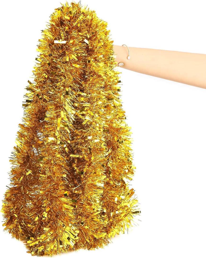 FINGOOO Gold Garland Christmas Decorations,33Ft/10M Thick Fluffy Christmas Tree Tinsel Garland Wedding Birthday Decor