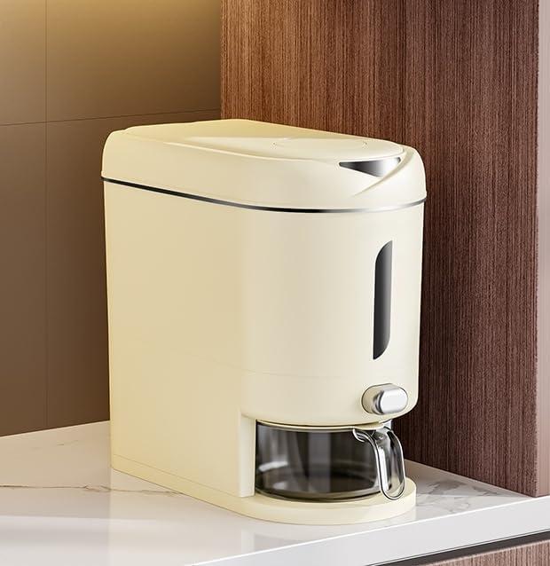 Rice Dispenser Cereal Dry Food Storage Containers with Measuring Cup and Water Filter Cover,Moisture Proof Airtight Food Dispenser Bucket for Rice,Corn,Coffee Bean,Grain,Soybean and Oatmeal,White,12LB