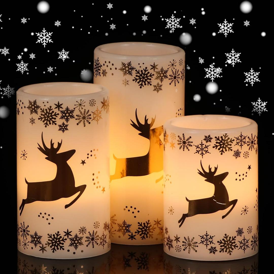 Christmas Flameless Candles with 6H Timer, Real Wax LED Pillar Candles Flickering, Snowflake Golden Reindeer 3D Wick Candles for Home Dcor Christmas Gifts, 3x4/5/6 inches