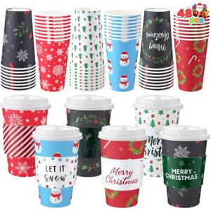 JOYIN 48 Pcs Christmas Paper Cups Disposable with Sleeves and Lids, 6 Designs 16 oz Xmas Drinking Paper Cups and Sleeves for Hot Chocolate Coffee Cold Beverage Holiday Tableware Winter Party Supplies
