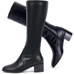 Elisabet Tang Knee High Boots for Women 2 inch Chunky Low Heel Boots Square Toe Side Zipper Fall Winter Comfort Boots, Black, Size 8