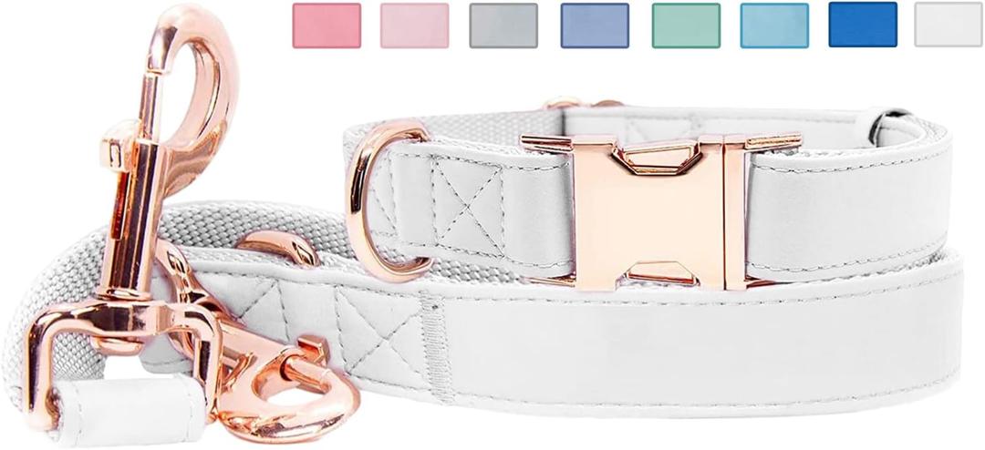 Soft Leather Dog Collar and Leash (6.6') Set - Stylish Rose Gold Heavy Duty Metal Buckle, 4 Adjustable Lengths Leash for Small Medium Large Dogs - Comfortable & Easy to Clean White L(15.4"-24.8")
