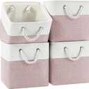11 Inch Cube Storage Bins, 4 Pack Fabric Storage Cubes with Rope Handles, Organizer Baskets for Closet Shelves, Clothes and Home Organization(White/Pink)