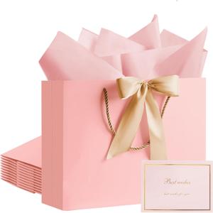 PASEOTA 12.6" Gift Bags Bulk, 10 Pcs Gift Bags with 20 Tissue Paper 10 Greeting Cards, Luxury Bag with Handles for Easter Mothers Day Presents Anniversary Wedding Birthday (Pink)