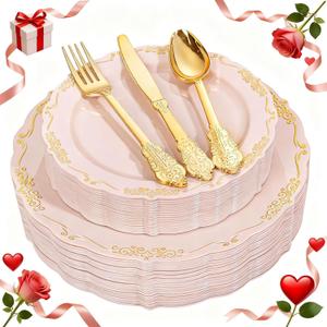 DaYammi 150Pcs Pink Plastic Plates with Gold Rimmed & Gold Silverware,Pink Disposable Plates for Party Include 30 Dinner Plate,30 Dessert Plate,30 Knives,30 Forks,30 Spoons for Mother's Day Party