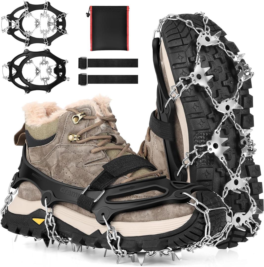 Ice Cleats for Shoes and Boots 32-Spike Stainless Steel Anti-Slip Crampons, Microspikes for Hiking (Medium)