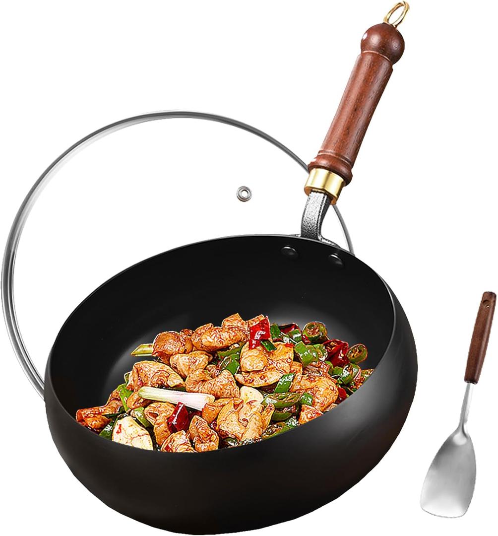 Carbon Steel Wok Pan, 11" Woks & Stir-Fry Pans with Glass Lid Cookware's, Nonstick Wok Flat Bottom Small Handmade Chinese Wok For for All Stoves