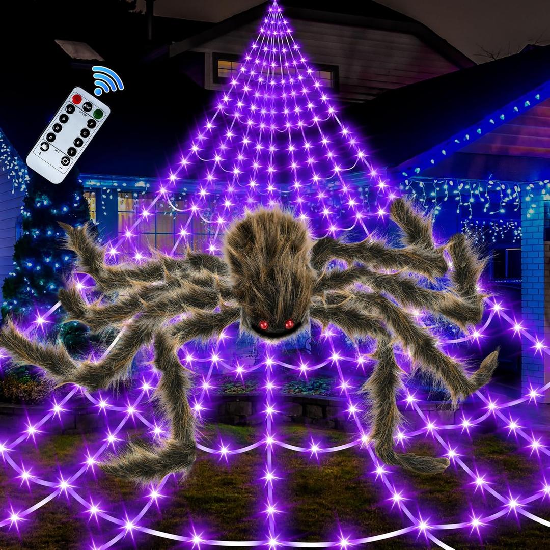 Halloween Spider Web Lights Giant Spider, 16.4Ft 450 LED Lighted Spider Web with with 8 Lighting Modes Waterproof & Timer for Indoor Outdoor House Haunted Yard Decor, Purple