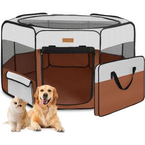 Dog Playpen, Portable Pet Play Pen for Cat, Puppies, Rabbits, Chickens, Foldable Large-Capacity Pet Tent for Indoor/Outdoor Travel Camping Brown (Medium)