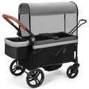ELEMARA All-Terrain Stroller Wagon for 2 Kids, Foldable Kids Wagon Stroller Includes Removable Canopy,Mosquito net, Adjustable PushPull Handle,Snack Tray & Cup Holders, Storage Basket, Grey+Black