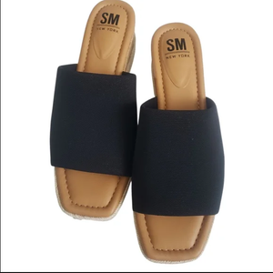 SM New York Black Wedge Mule Sandals Cork Platform Textile Upper Espadrille, 7,5