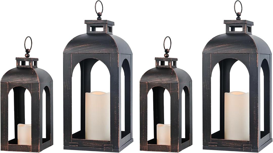 LED Lantern Decorative Outdoor&Indoor, Set of 4 (17’’&13’’) Black Metal Lanterns Decor, Vintage Hanging Candle Holder for Home Porch Wedding Halloween Christmas Decorations Battery Powered