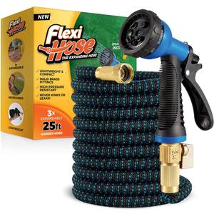 Flexi Hose Expandable Garden Hose with 8 Function Nozzle, 25FT - Lightweight Retractable Garden Hose, Water Hose - No-Kink Flexibility, 3/4 Inch Solid Brass Fittings and Double Latex Core
