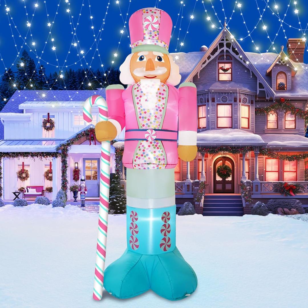 10FT Christmas Inflatables Pink Nutcracker Hold Candy Cane, Christmas Blow up Yard Decoration Inflatable Nutcracker Built-in 6 LED for Xmas Decorations Outdoor Indoor Xmas Gifts