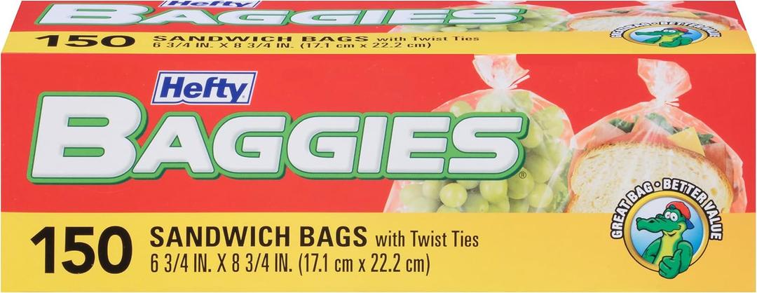 Hefty Baggies Food Storage Bags, Sandwich, Twist Tie, 150 Count