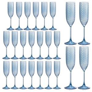 24 Pack Plastic Champagne Flutes Vintage Light Blue Goblet Champagne Glasses Unbreakable Wedding Toasting Glasses Diamond Wine Glasses Crystal Wine Cups Clear Drinking Glasses 5.5 OZ for Bridal Shower