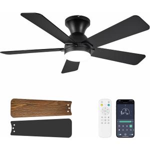 Ceiling Fans with Lights, 42 Inch Low Profile Ceiling Fan with Light and Remote Control, Flush Mount, Reversible, 3CCT, Dimmable LED, Quiet, Black Ceiling Fan for Bedroom, Kitchen