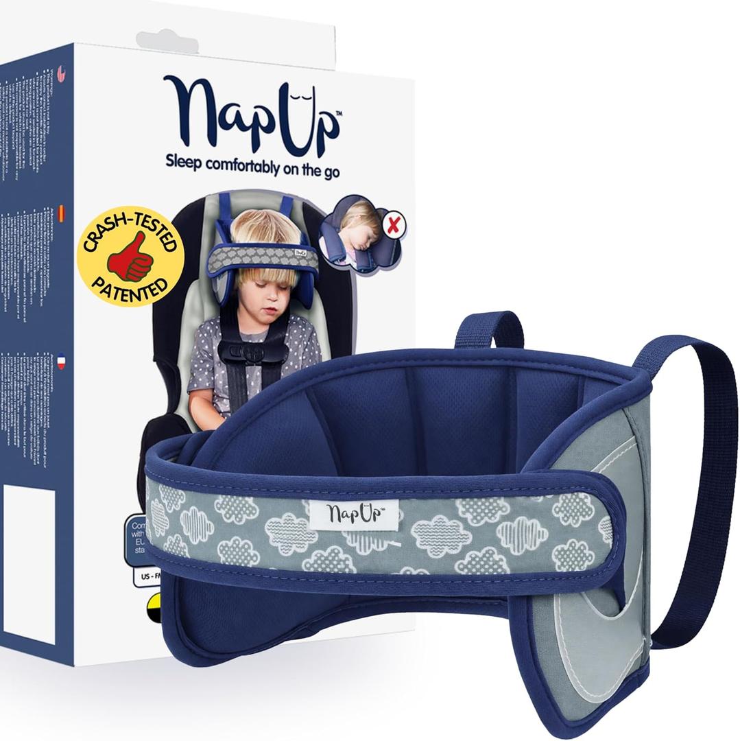 NapUp Adjustable Head Support for Car Seat  Patented & Crash-Tested Anti-Bobbing Head Holder Strap, Comfortable Sleep Solution - Breathable Fabric, Kids Travel Accessories - Ages 2+ - Dark Blue