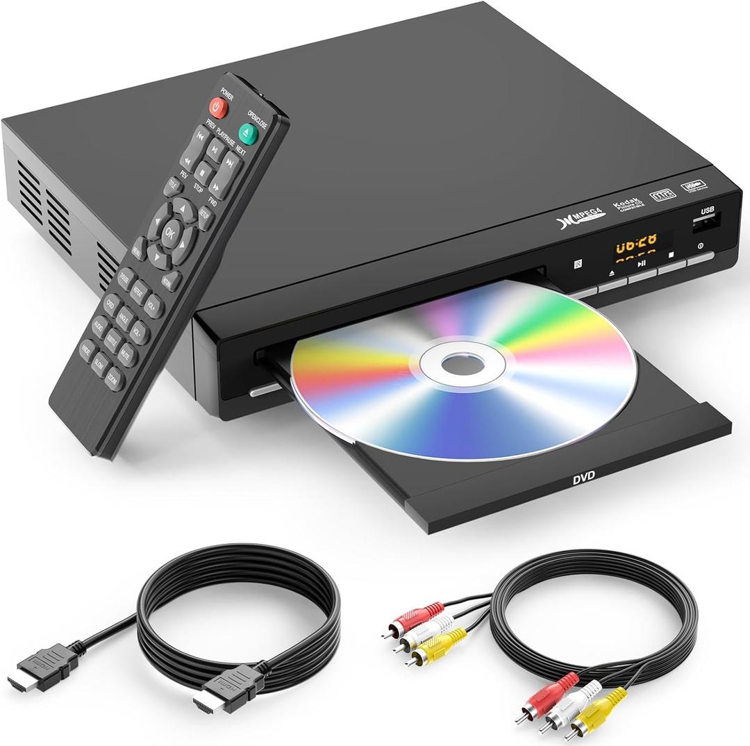 DVD Players for TV with HDMI, Plays All Regions and Formats, CD Player for Home, Support 1080P Video/CD/DVD/VCD/JPEG/USB, Remote, HDMI and RCA Cables Included