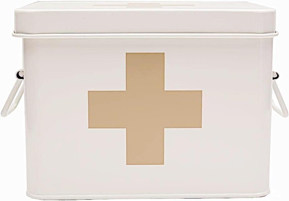 Lassos Boutique Retro Enameled First Aid Box for Medicine Storage and Home Decor with Lid and Removable Tray (White/Tan)