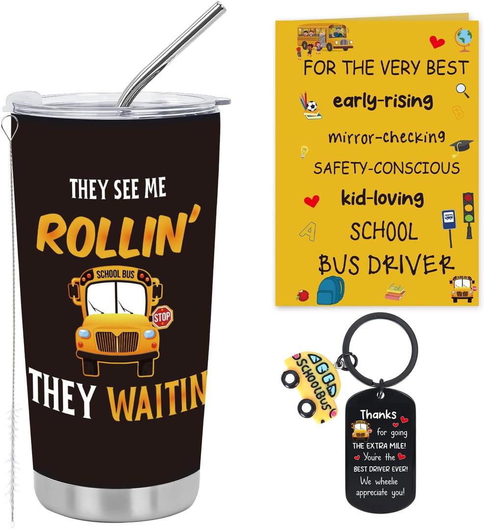 3 Pcs School Bus Driver Gifts Set, 20 oz Coffee Mug Keychain Greeting Card Gifts Set for School Bus Driver, Thank You Appreciation Gift Box for Bus Driver Women Man