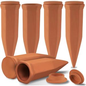 Soilagua Large Terracotta Watering Spikes with Lids, Automatic Plant Waterer Outdoor | Indoor, Vacation Friendly Clay Plant Watering Devices System, Slow Release Self Watering Planter Insert, 6 Pack