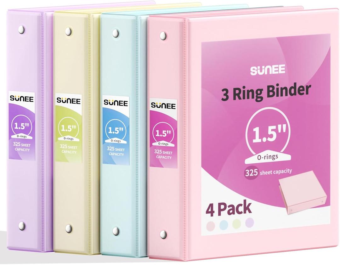 SUNEE 1.5 Inch Binders 3 Ring 4 Pack, Clear View 1 1/2 Inch Binders Three Ring PVC-Free (Fit 8.5x11 Inches) for School or Office Supplies, Assorted Pastel