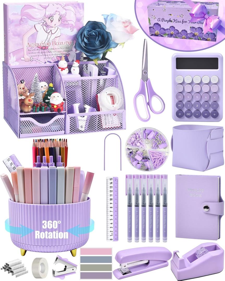 LXEVIHK 21Pcs Purple Desk Organizers and Accessories With Mesh Desk Organizer and 360Rotating Pen Holder and a Lot of Office Purple Office Supplies Beautifully Presented in a Gift Box