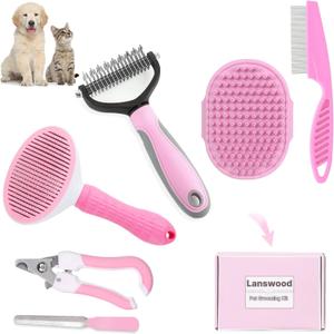 Dog Brush Dog Grooming Kit 6PCS Dog Brush for Shedding-Dog Brushes for Grooming, Dematting Comb for Dogs, Cat & Dog Nail Clipper with Nail File, Flea Comb, Dog Bath Brush-Pink