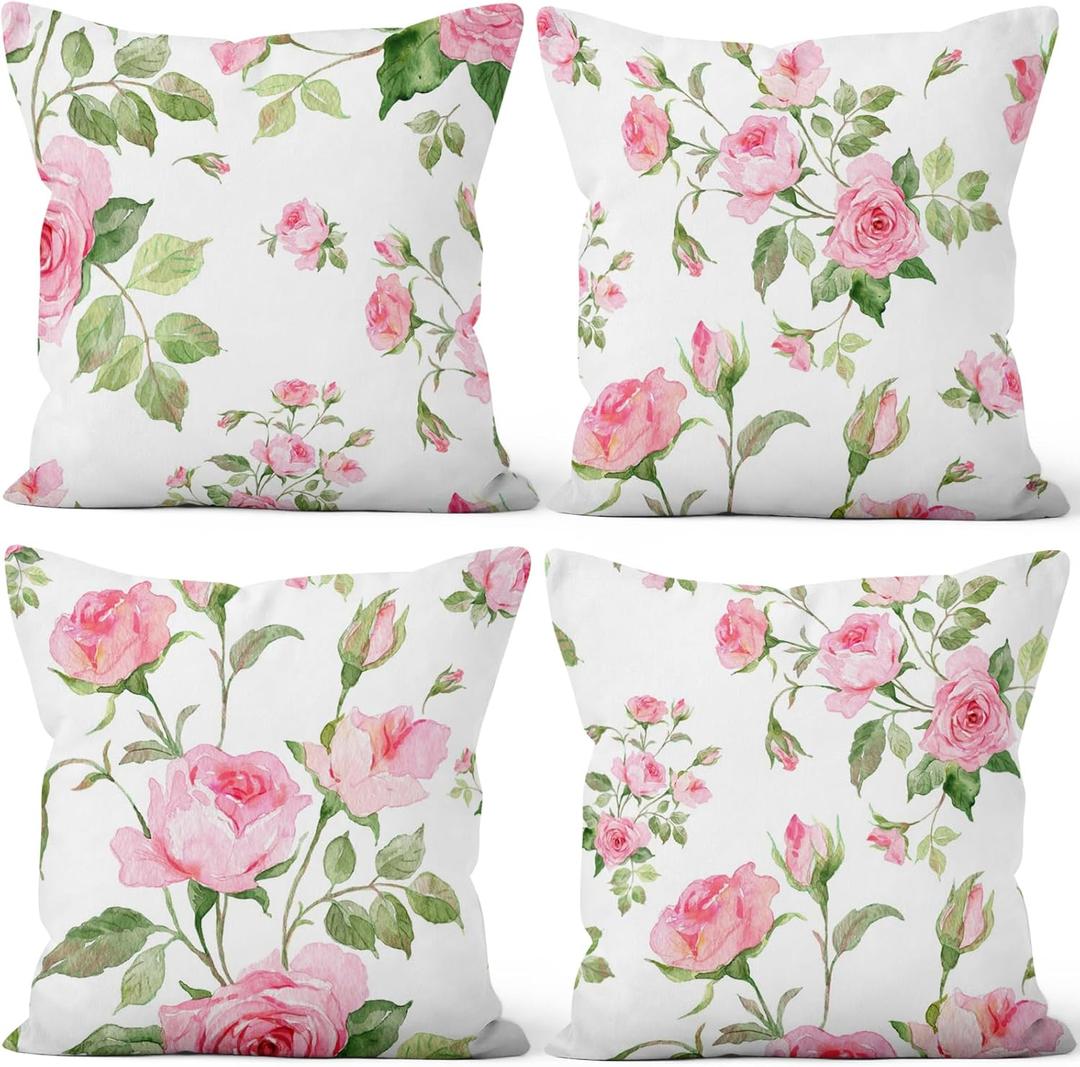 Pink Roses Throw Pillow Covers Blooming Natural Flower Bouquet Green Leaves Set of 4 Romantic Art Design Square Pillowcases for Bed Outdoor Couch Bedroom Patio Farmhouse Living Room 16x16 (Floral 7)