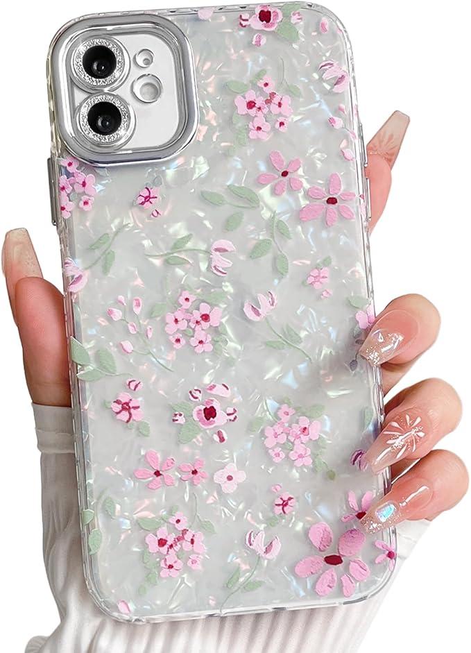 NITITOP Compatible with iPhone 14 Pro Case Cute Flower Floral Shell Textures for Girls Women Soft TPU Slim Hard Back with Lens Protective Phone Cover - White