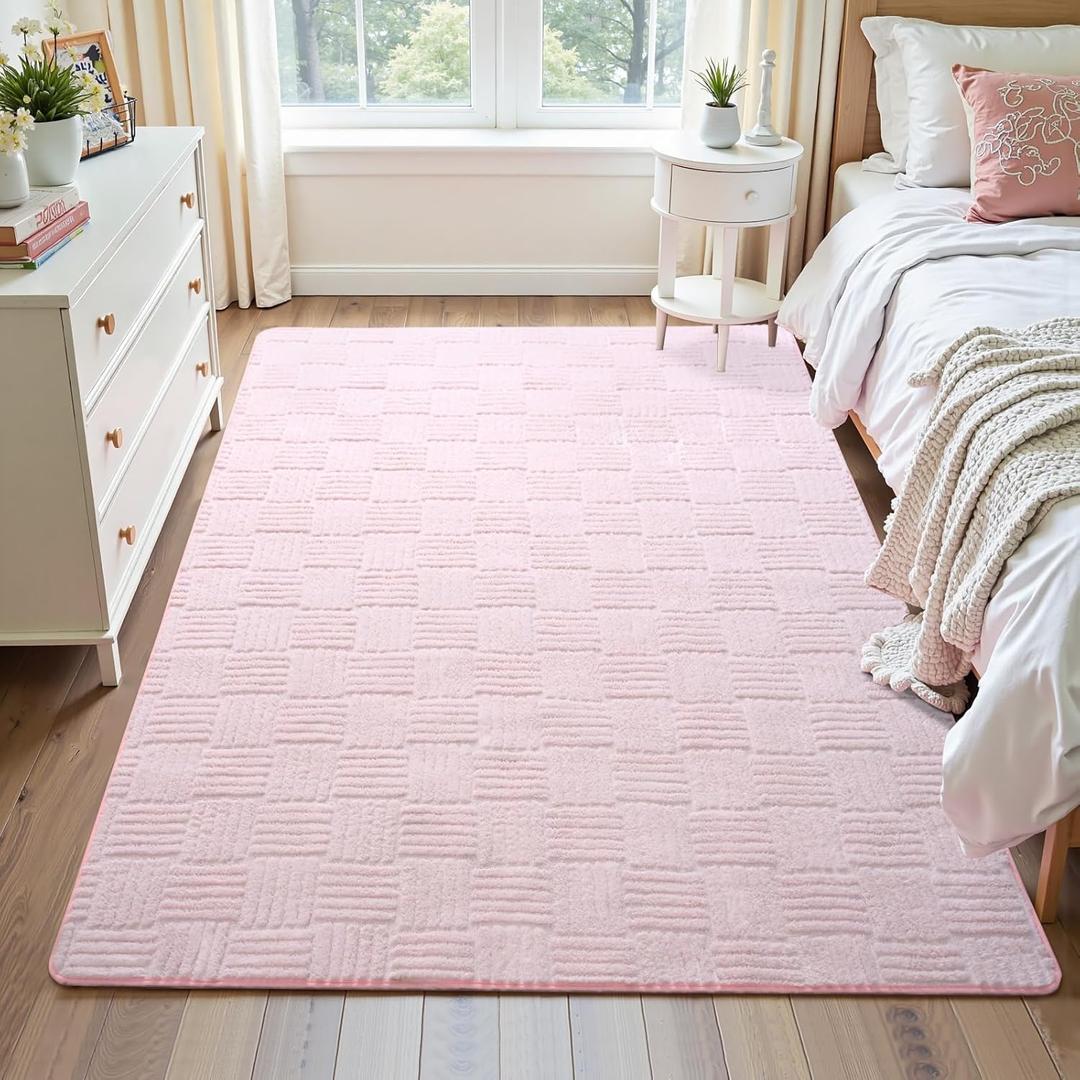 3x5 Pink Washable Shag Area Rug for Girls Bedroom, Modern Geometric Non Slip Living Room Rugs, Fluffy Soft Thick Carpet for Kids Room, Dorm, Office, Bedside, Entryway and Home Decor, Pink