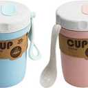 LZYMSZ 2PCS Wheat Straw Soup Cup, 300ml Portable Microwaveable Breakfast Cup, 2 Colors Porridge Lunch Box with Spoon for Office Outdoor Travel (Blue and Pink)
