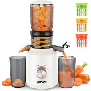 Ganiza Juicer Machines, Cold Press Juicer with Large Feed Chute for Whole Fruits & Vegetables, Slow Masticating juicers with 3 Replace Filters for Batch Juicing, Easy to Clean, BPA Free (White)