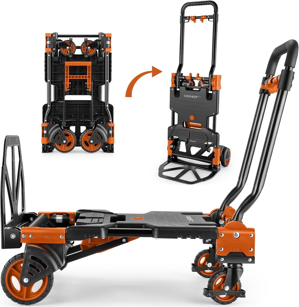 330LB Folding Hand Truck Heavy Duty Carrying, Combination of Four Wheels and Two Wheels Convertible Dolly Cart with Retractable Handle Dolly for Moving Office Carts(Orange)