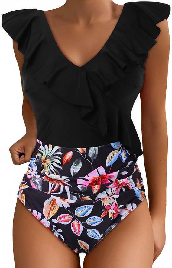 B2prity Women's One Piece Swimsuit Ruffle Slimming Tummy Control Bathing Suit Criss Cross High Waist 1 Piece Swimwear. 23 Size